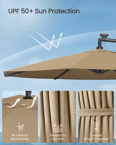 SONGMICS Cantilever Garden Parasol with Solar-Powered LED Lights, 3 m Banana Patio Umbrella with Base, Crank for Opening Closing, Sunshade with Protection UPF 50+, Beige GPU118M01