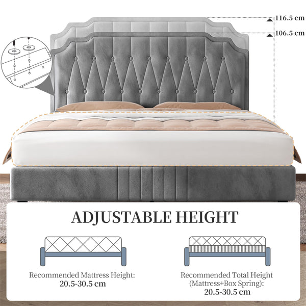 Yaheetech 5ft King Bed Frame Upholstered Platform Bed with Adjustable Button Tufted Headboard/Velvet Fabric/Sturdy Wooden Slat Support/No Box Spring Needed, Dark Grey King Bed