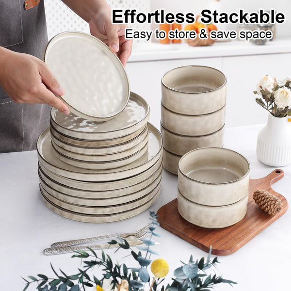 Homikit Dinner Sets for 6 People, 18-Piece Dinnerware Reactive Glaze Stoneware Set, Round Plates and Bowls for Home Kitchen, Chip & Scratch Resistant,