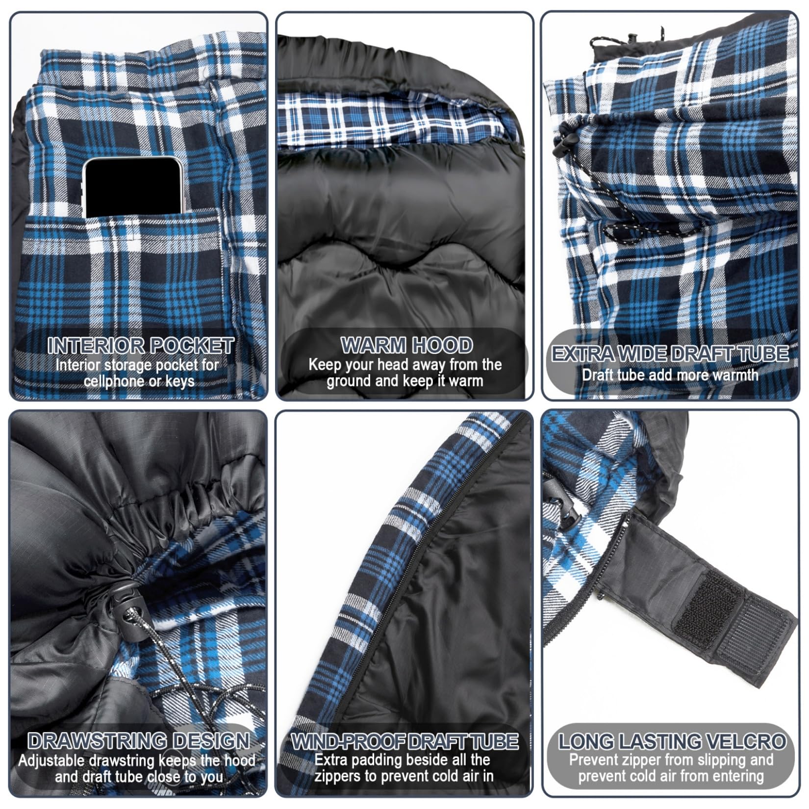 FORINBUY Winter Cotton Flannel Double Sleeping Bag for Adults - 0 degree Queen Size 2 Person Sleeping Bag, Waterproof & Warm for Cold Weather, Ideal for Couples, Family Camping & RV Travel