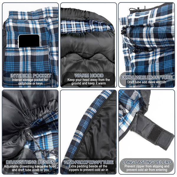 FORINBUY Winter Cotton Flannel Double Sleeping Bag for Adults - 0 degree Queen Size 2 Person Sleeping Bag, Waterproof & Warm for Cold Weather, Ideal for Couples, Family Camping & RV Travel