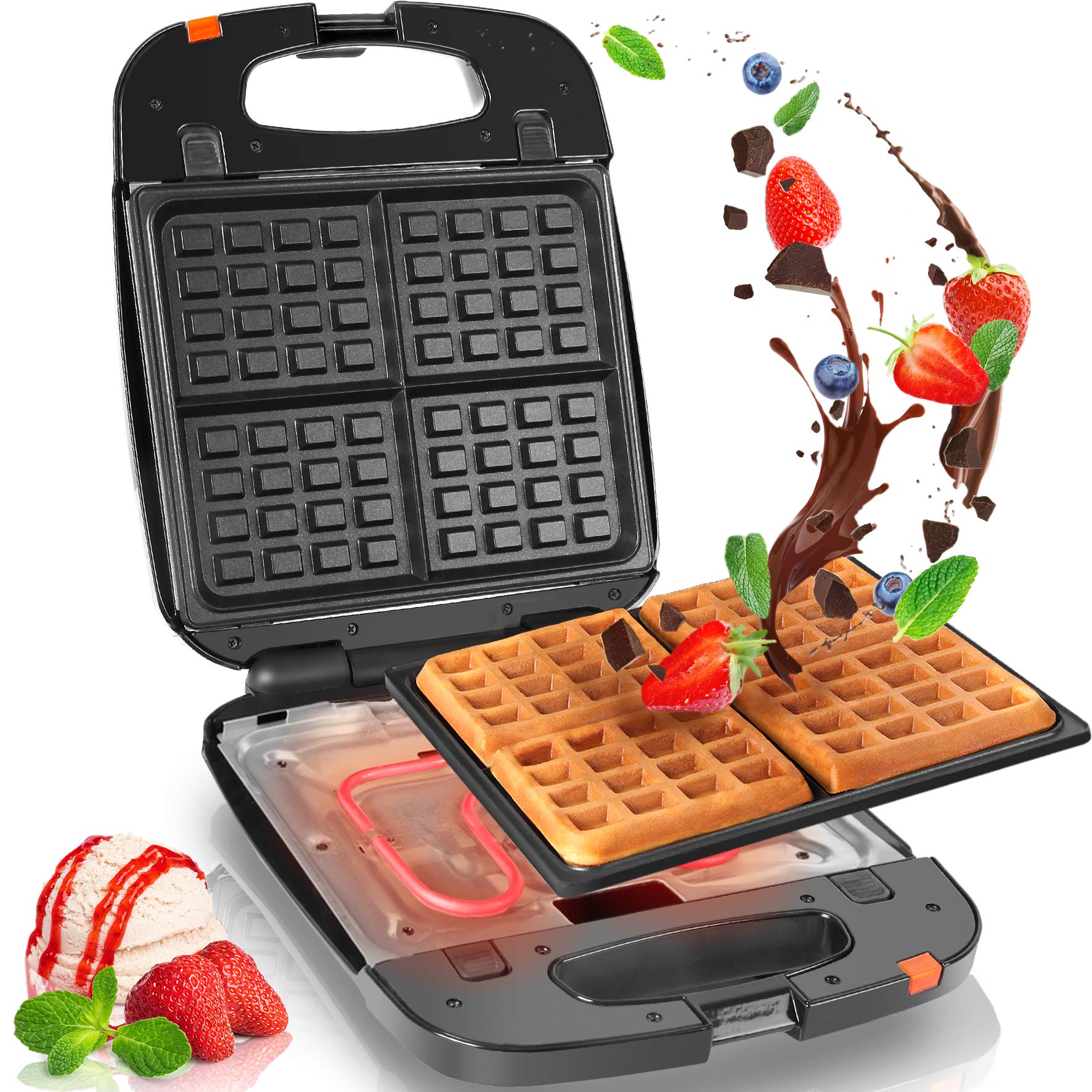 Duronic Waffle Maker WM60 Non Stick Waffle Iron 4 Square Belgian Waffle Makers with Removable Plates Waffle Machine for Croffles & American Style