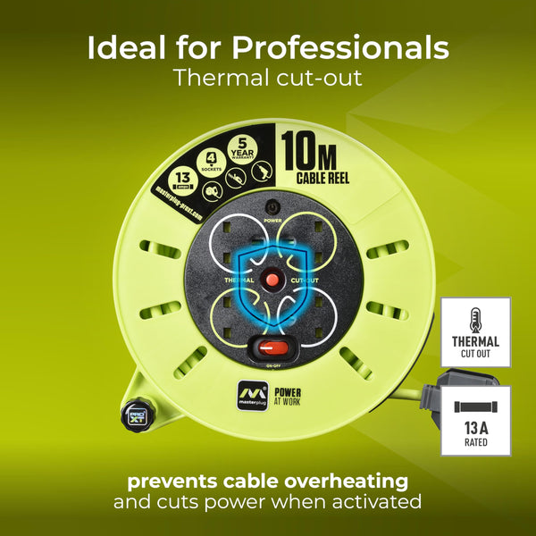 Masterplug Pro-XT Four Socket Open Cable Reel Extension Lead with Winding Handle, Thermal Cut Out and Power Switch, 25 Metres High Visibility Cable , Green