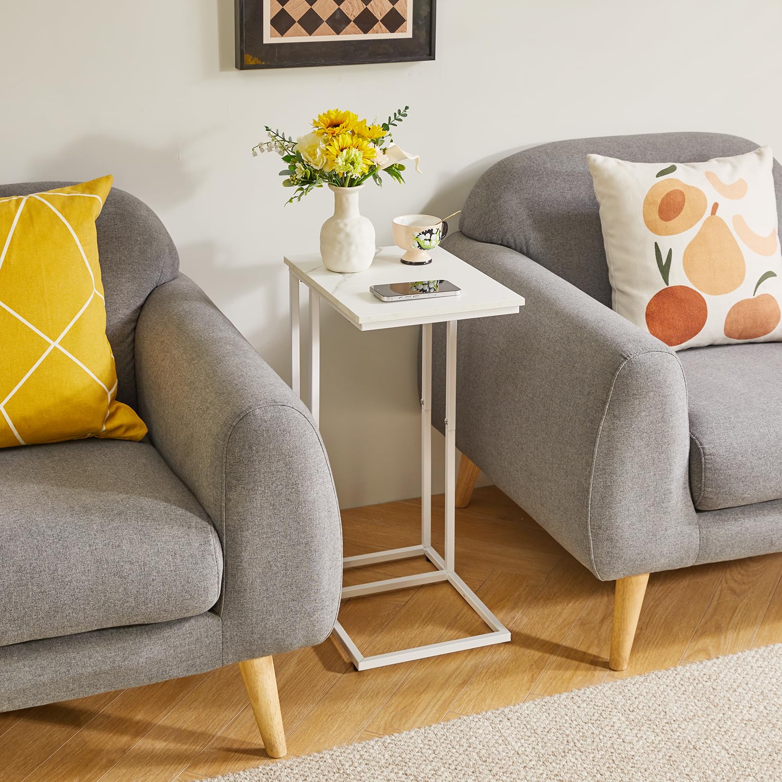 Aibiju Set of 2 Sofa Side Table,C Shaped End Table, Snack Coffee Laptop Desk with Metal Frame for Office, Living Room, Bedroom, White Faux Marble and