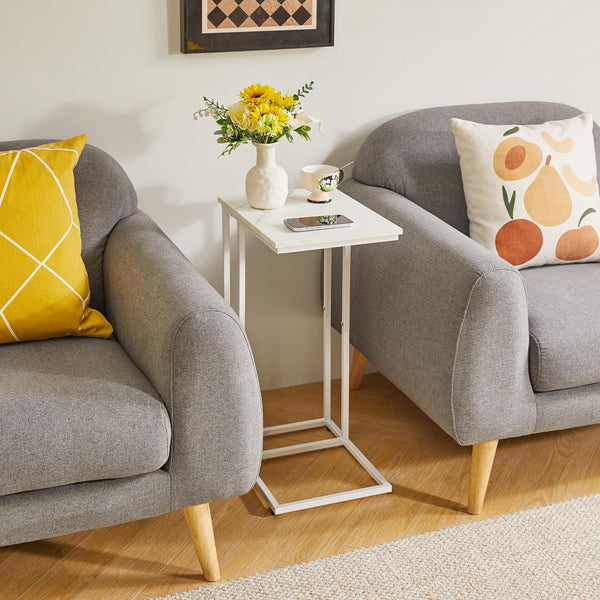 Aibiju Set of 2 Sofa Side Table,C Shaped End Table, Snack Coffee Laptop Desk with Metal Frame for Office, Living Room, Bedroom, White Faux Marble and