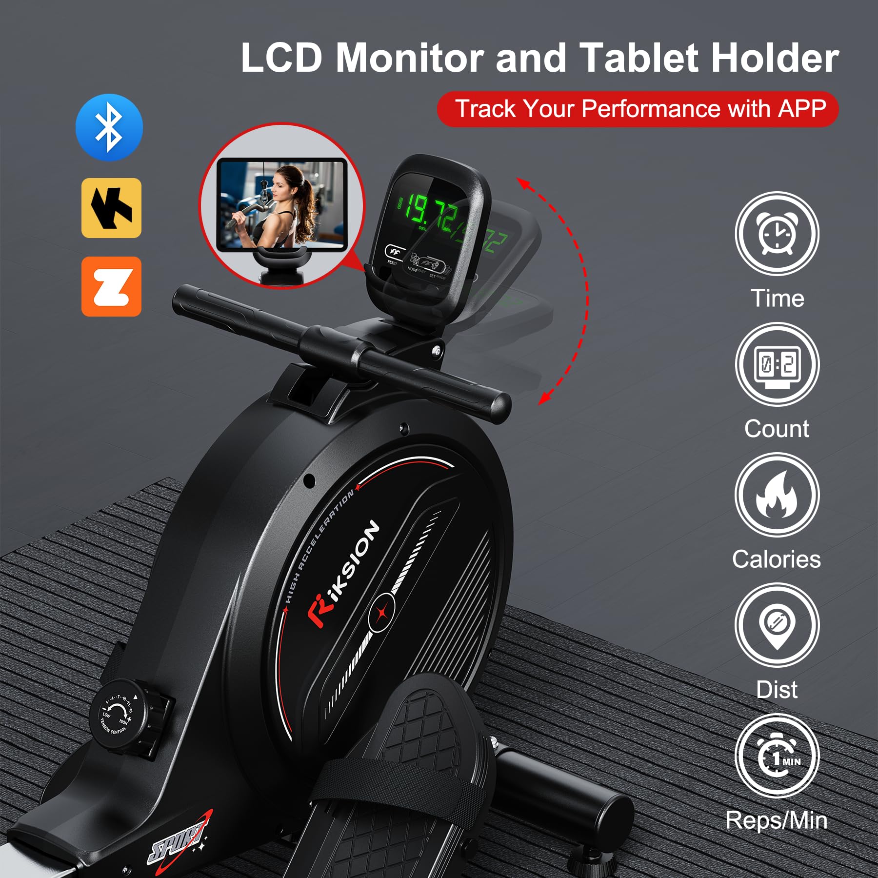 RIKSION Rowing Machine Magnetic Foldable, Fitness Exerciser Indoor Equipment for Home Gym Use, Cardio Training Machine,350LB Capacity with LCD Monitor