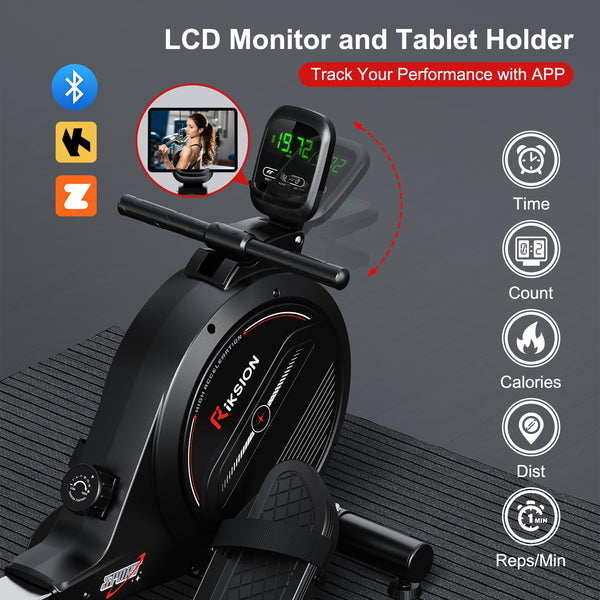 RIKSION Rowing Machine Magnetic Foldable, Fitness Exerciser Indoor Equipment for Home Gym Use, Cardio Training Machine,350LB Capacity with LCD Monitor