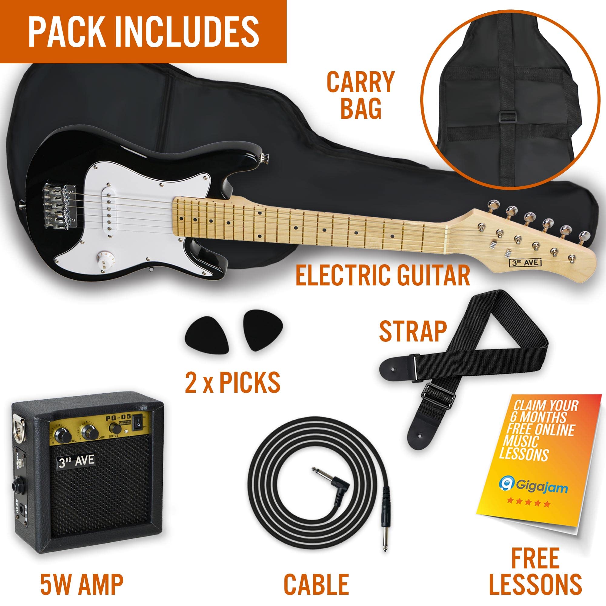 3rd Avenue 1/4 Size Kids Electric Guitar Pack for Junior Beginners - 6 Months FREE Lessons, 5W Portable Amp, Cable, Bag, Picks and Strap - Red
