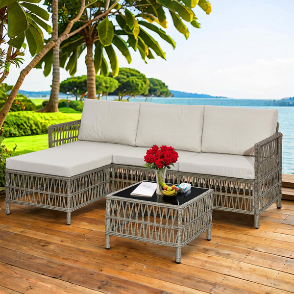 AOUXIN 3 Pieces Rattan garden furniture Patio Furniture Sets All Weather Outdoor Sectional Patio Sofa Manual Weaving Wicker Rattan Corner Sofa with Grey Cushions and Glass Table