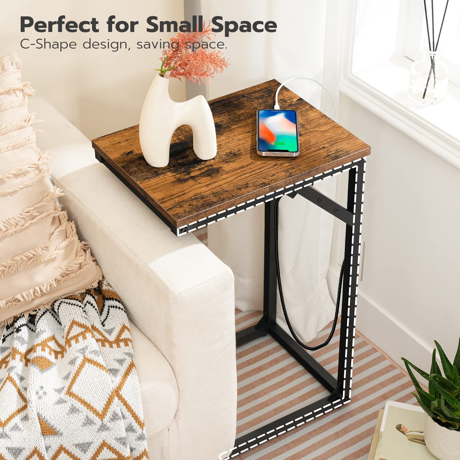 HOOBRO C Shaped Side Table, Sofa Table with Charging Station, Laptop Table for Sofa, 2 USB Ports 2 AC Outlets, Narrow Bedside Table with Power, Living