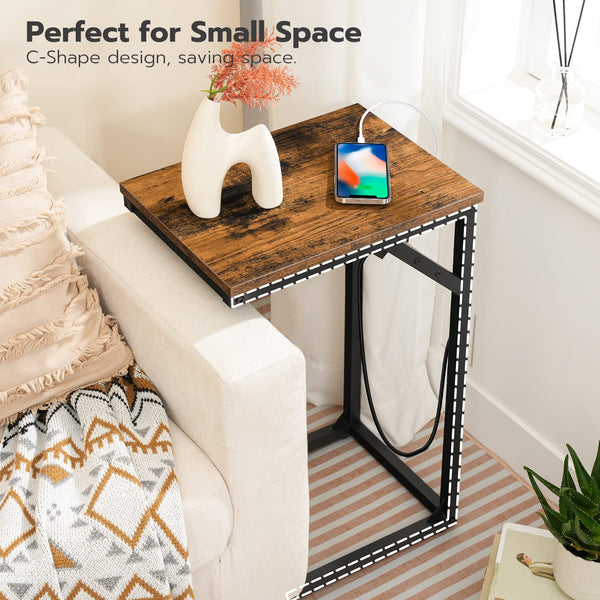 HOOBRO C Shaped Side Table, Sofa Table with Charging Station, Laptop Table for Sofa, 2 USB Ports 2 AC Outlets, Narrow Bedside Table with Power, Living