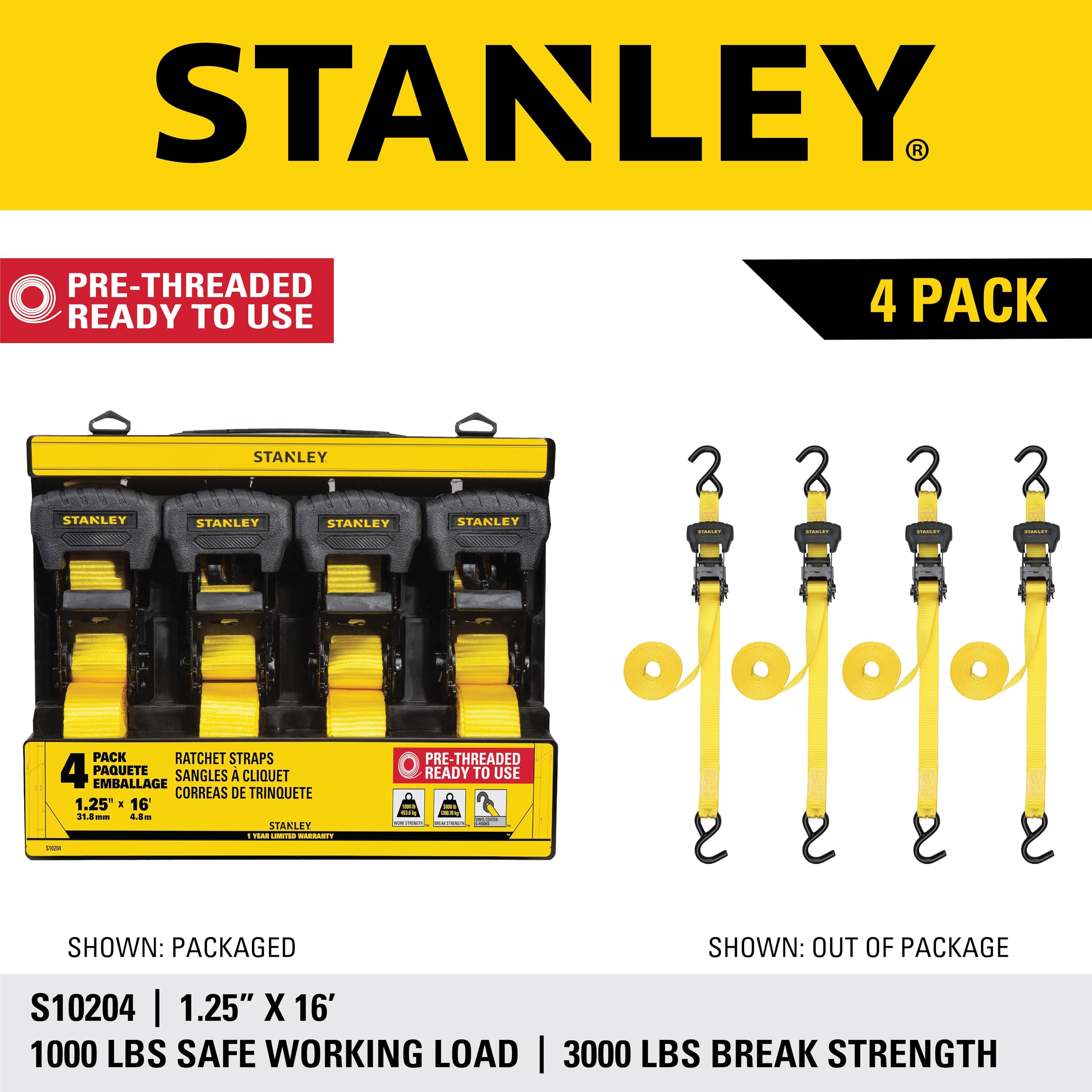 STANLEY S1007 Black/Yellow 1.5" x 16' Ratchet Tie Down Straps - 1,100 lb Safe Working Load / 3,300 lb Break Strength, 2 Pack