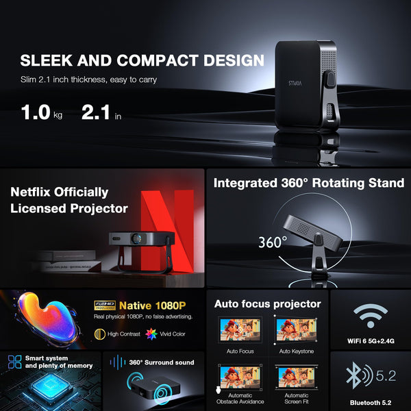 【Netflix Officially & Thinnest Design】Mini Projector 4K with Auto Focus & Keystone, VOPLLS 600ANSI WiFi Bluetooth 1080P Full HD Portable Projector, Smart Moive Projector for Bedroom/Outdoor/Phone