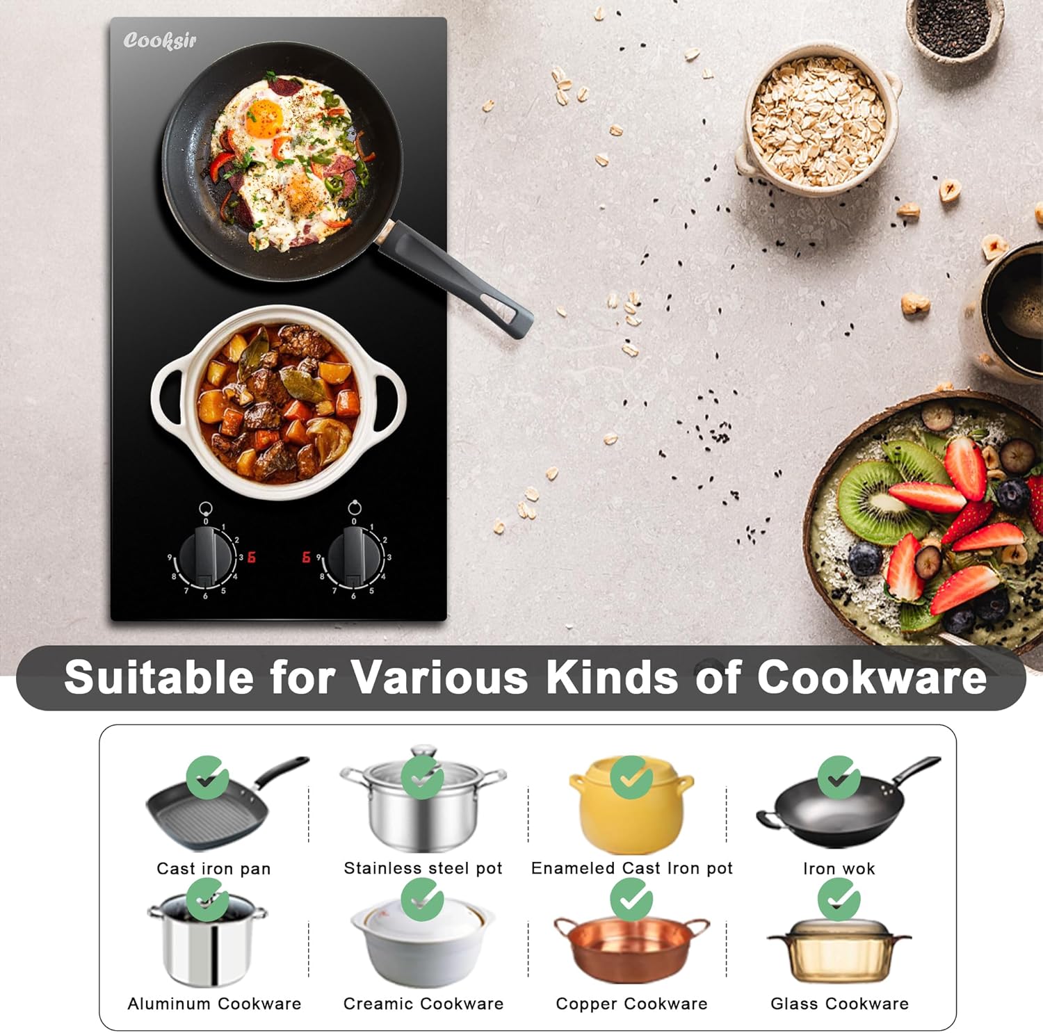 Cooksir Electric Hob 60cm, Ceramic Hob 4 Ring 6700W, Electric Hob 4 Zone with Expandable Dual and Oval Zone, Built-in Hob with Frame, Timer, Safety Lock, 220-240V(No Plug)