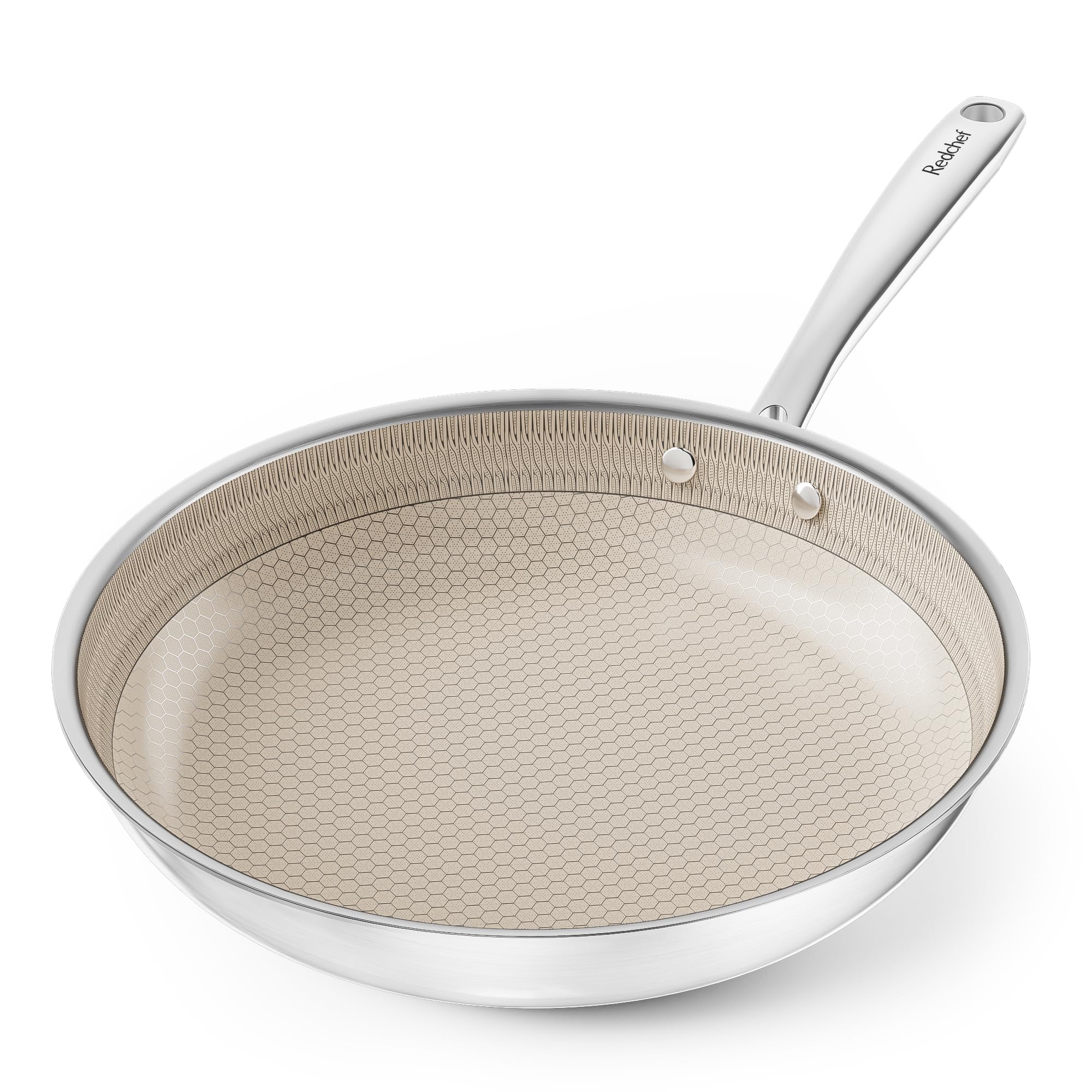 Redchef Non Stick Hybrid Egg/Omelette Pan,20cm Ceramic Frying Pan,Tri-Ply Stainless Steel Skillet,Non Toxic,PFAS PFOA/PTFE Free,Dishwasher/Oven Safe,Suitable for Induction Hobs,8"(Beige)