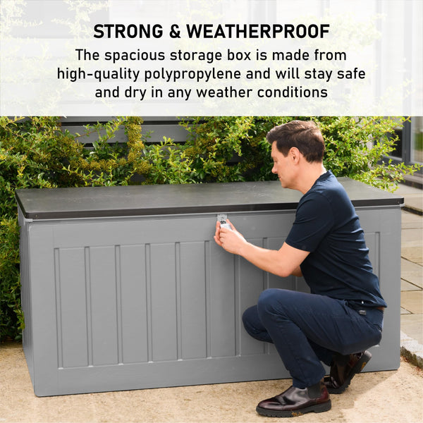 Olsen & Smith 680L Large Garden Storage Box - Weather Resistant Heavy Duty Garden Box with Padlock & Wood Effect - Huge Capacity Outdoor Storage Chest for Tools, Cushions, Toys & More (Anthracite)