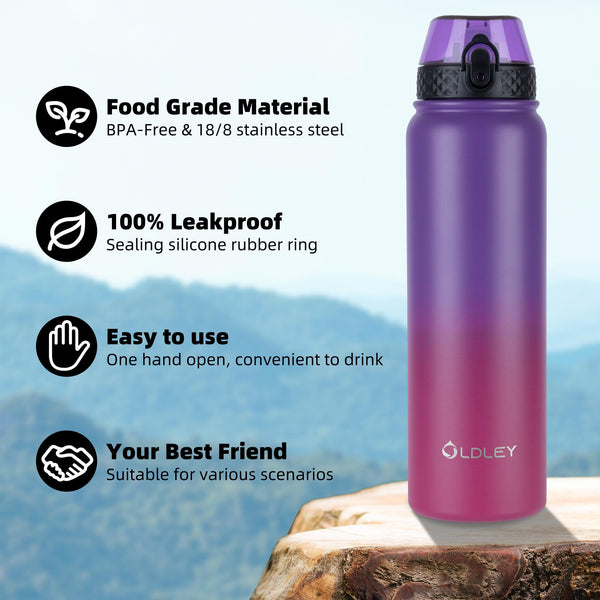 OLDLEY Stainless Steel Water Bottle with Straw 1L Vaccum Insulated Large Drink Flask Metal Water Bottles 1 Litre Leakproof Keep Drinks Hot Cold for Sports Gym with Different Lids(Purple Green, 3 Lids)
