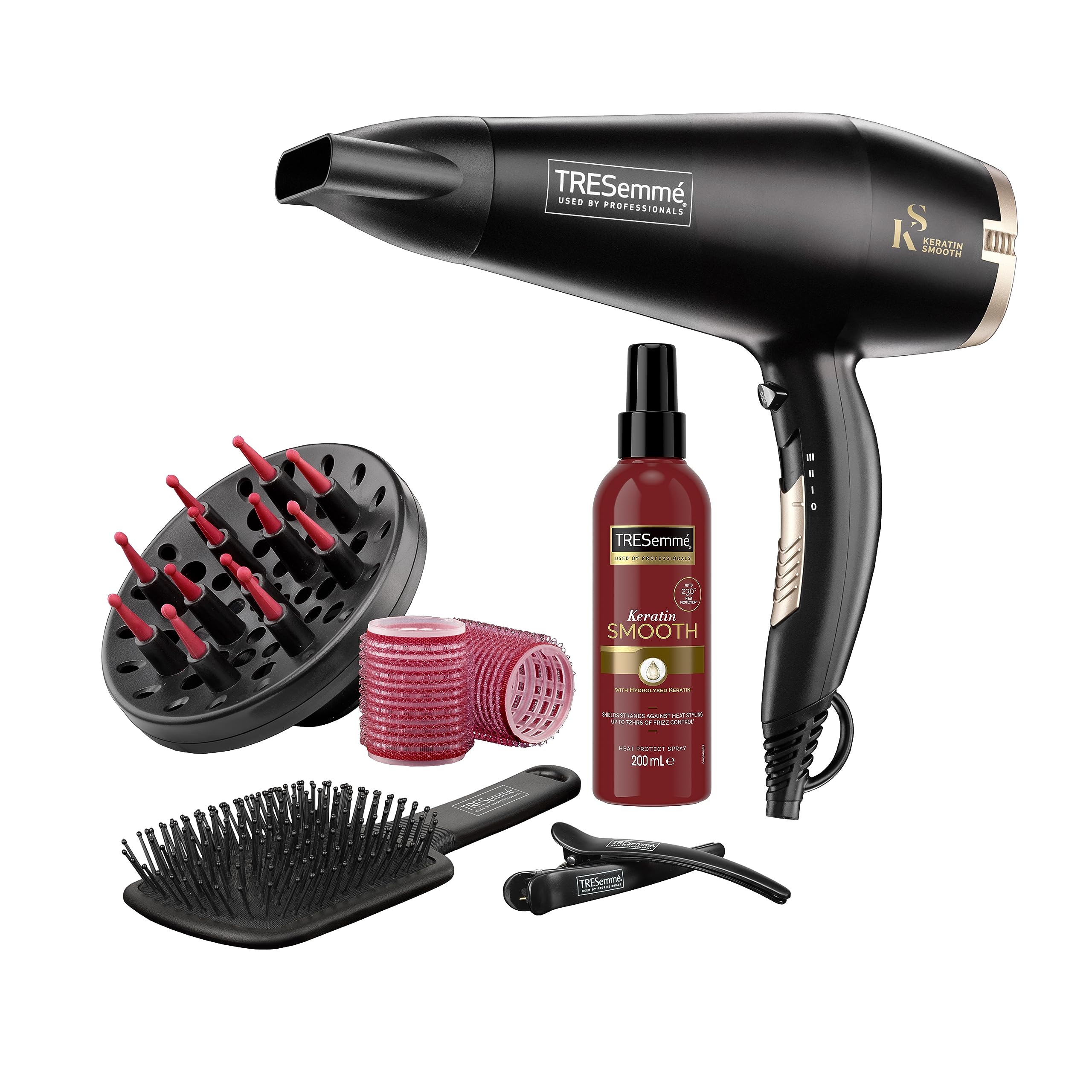 TRESemme Keratin Smooth Volume Shine Hair Dryer & Diffuser Gift Set - 2200W Powerful Blow Dryer, Heat Protection, Paddle Brush, Accessories, Black, 5543BU