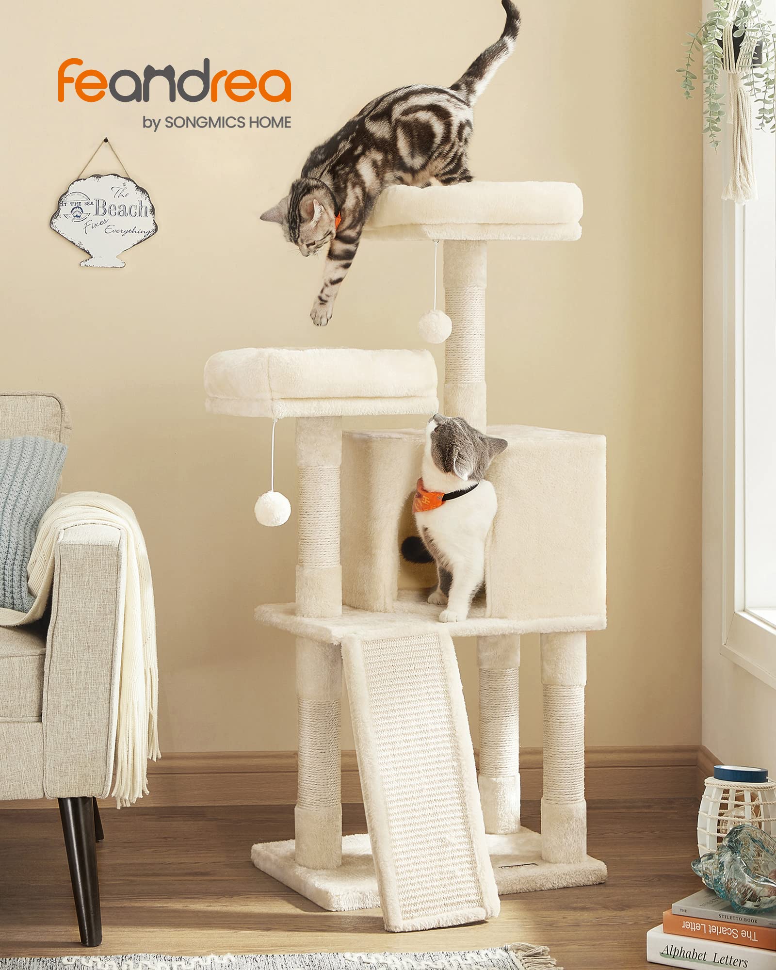 FEANDREA Cat Tree, Cat Condo 115 cm, Scratching Ramp, Beige PCT141M01