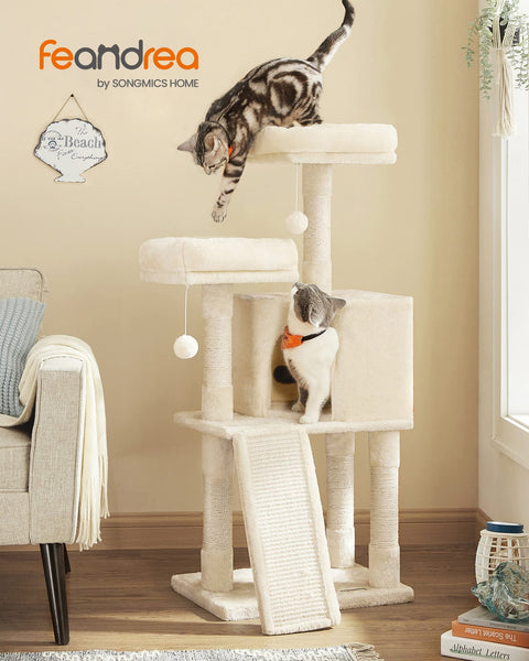FEANDREA Cat Tree, Cat Condo 115 cm, Scratching Ramp, Beige PCT141M01