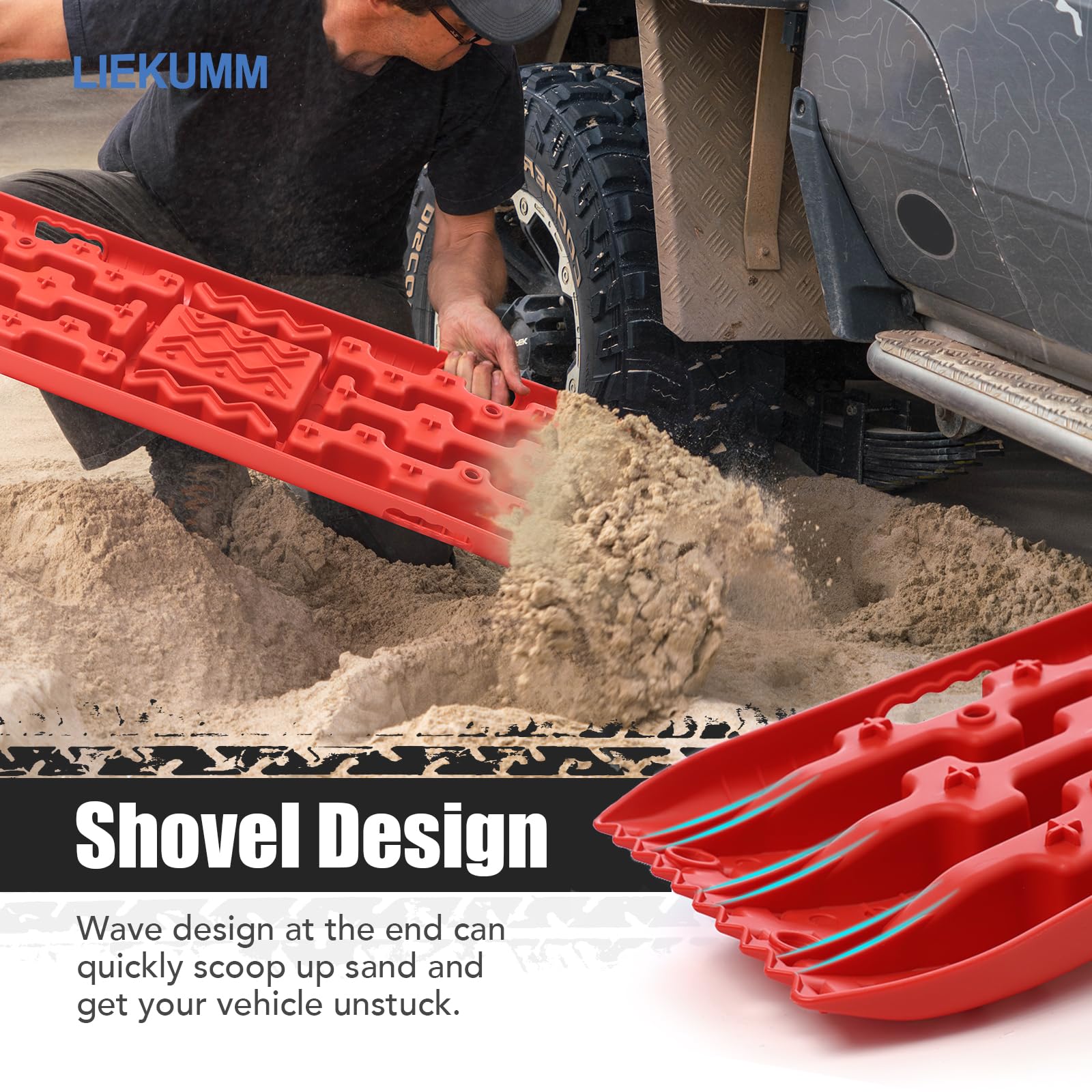LIEKUMM 2PCS Traction Boards with Jack Lift Base, 104 cm Off-Road Traction Boards for Sand, Mud, Snow, 10 T Capacity Heavy Duty Recovery Tracks for Cars, Trucks, SUVs, Red