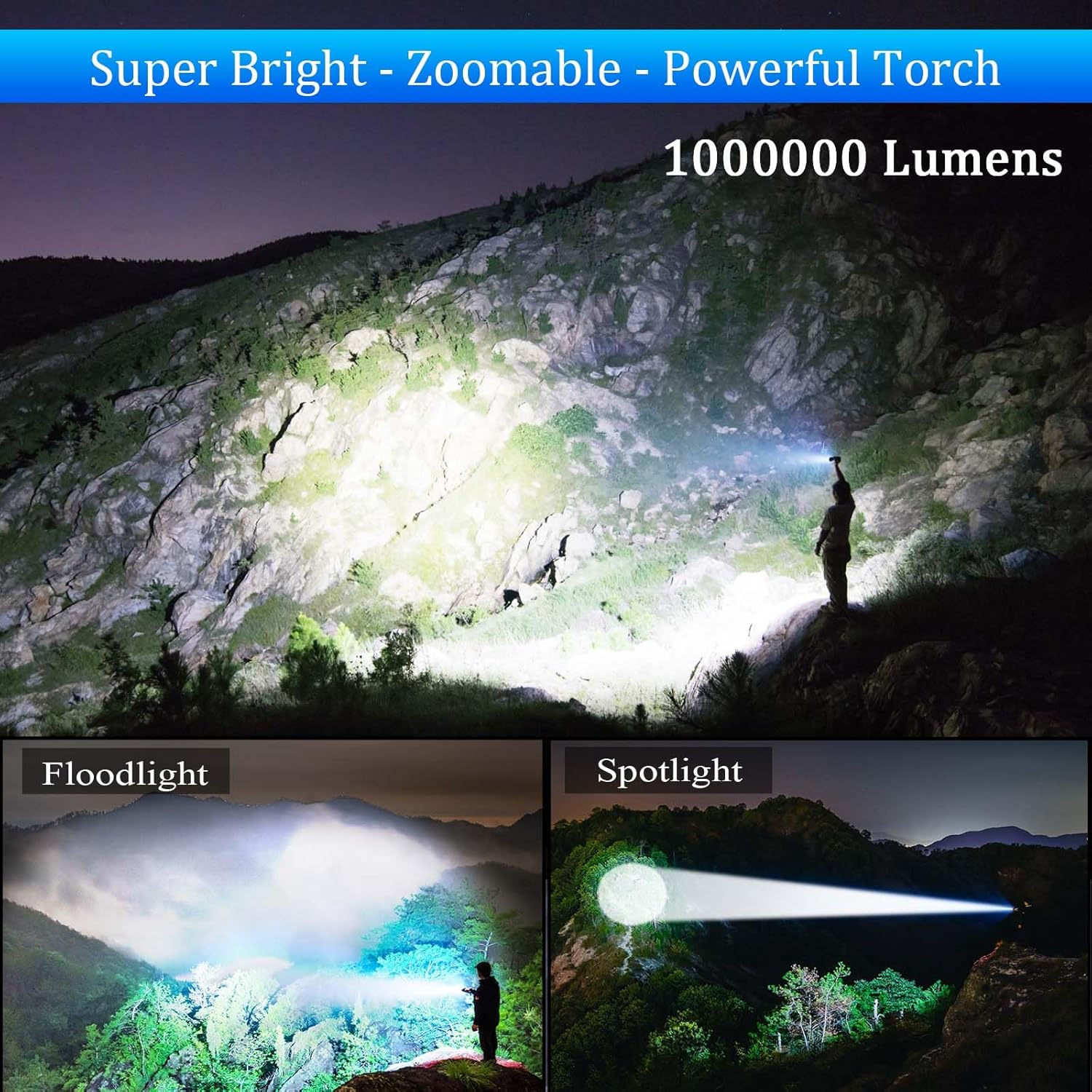 Jayxinli Torches LED Super Bright 1000000 Lumen Rechargeable, Powerful Torch 3 Light Modes and 10800 mAh Long-Lasting Battery, Zoomable, High Powered, Bright Torch for Camping & Home