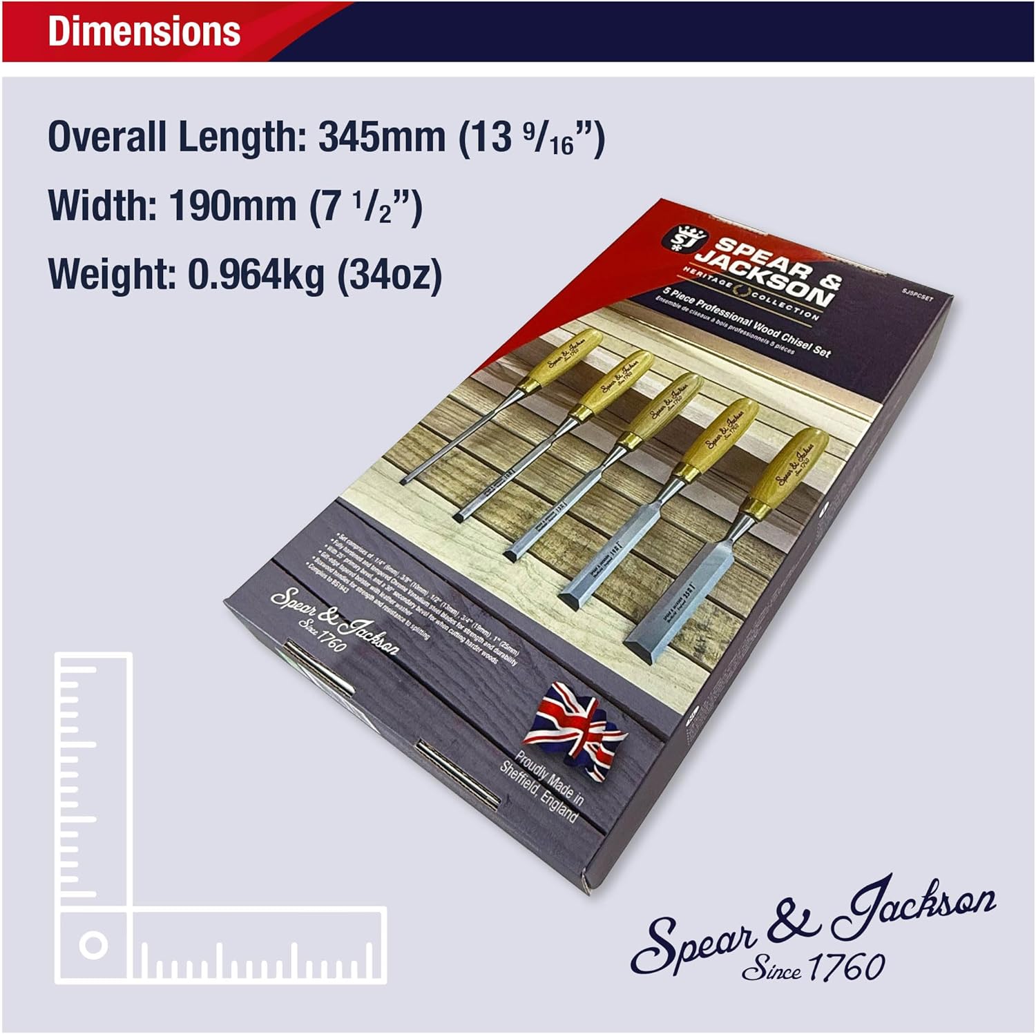 Spear & Jackson SJ5PCSET 5-Piece Professional Wood Chisel Set - Handcrafted in Sheffield, England - Ideal for Precision Cutting, Carving & Shaping