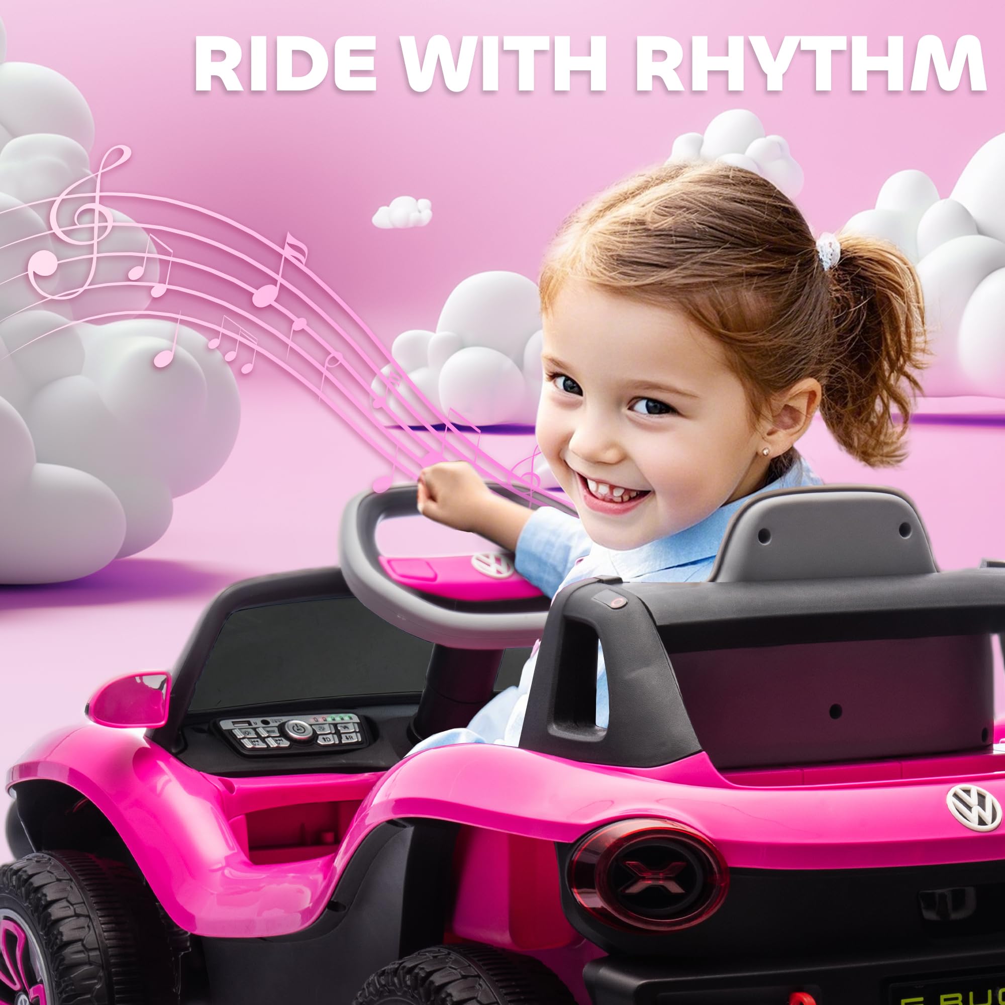 AIYAPLAY Volkswagen E-Buggy Licensed Electric Car for Kids, 12V Kids Electric Ride on with Remote Control, Suspension, Slow Start, LED Lights, USB, Music, Horn, for Ages 3-6 Years, Pink