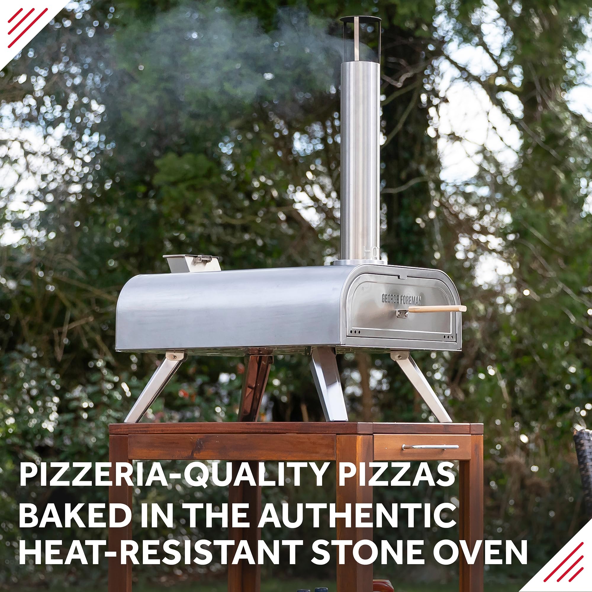 George Foreman Outdoor 12 Inch Wood Pellet Portable Wood Fired Pizza Oven Stainless Steel with Paddle and Carry Bag, BBQ Oven & Smoker, Foldable Legs GFWPPO1SSPC