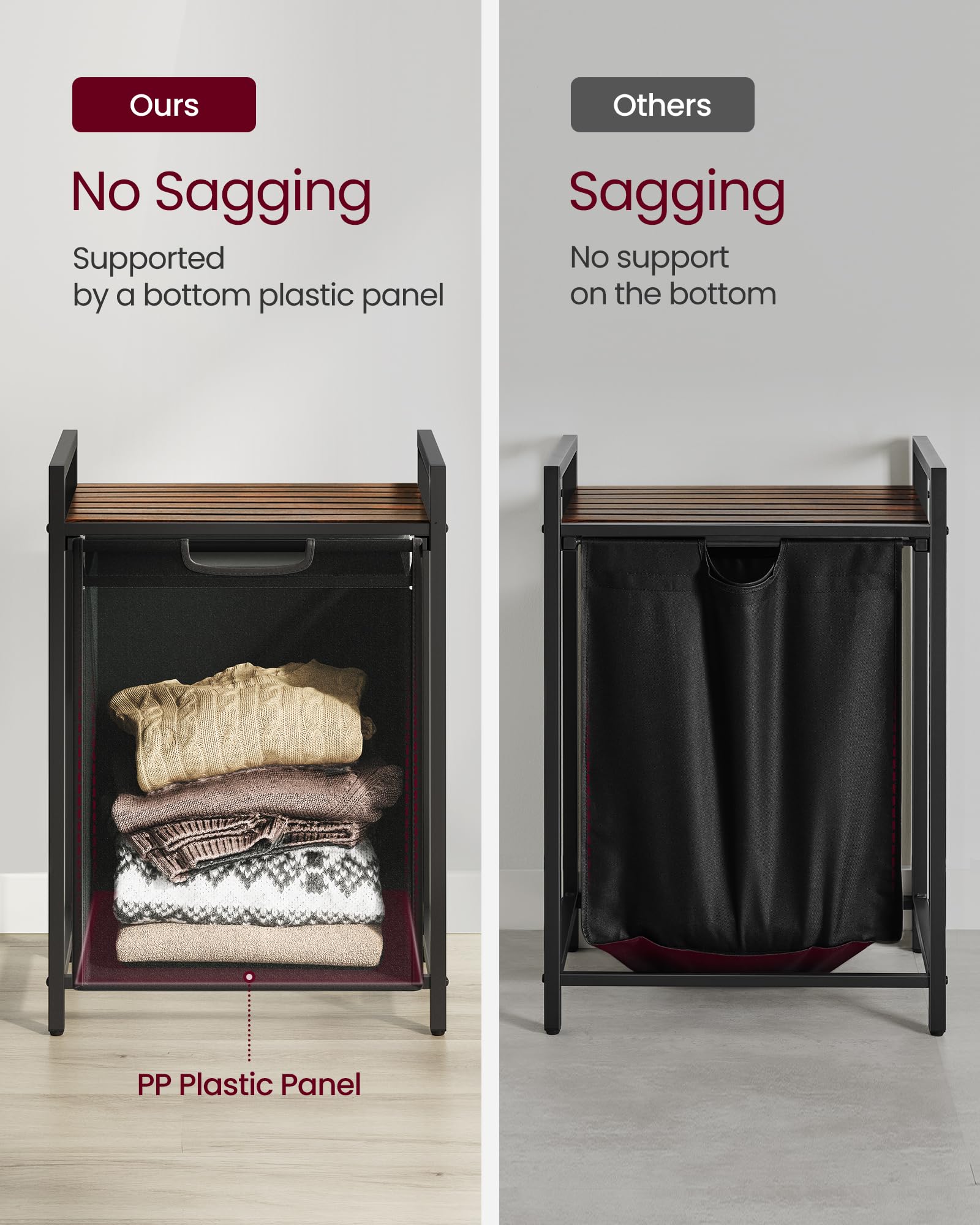 VASAGLE Laundry Basket, Laundry Hamper, Pull-Out and Removable Liner Bag, Shelf, Metal Frame, 65 L, 50 x 33 x 72 cm, Ink Black and Rustic Brown BLH101B01