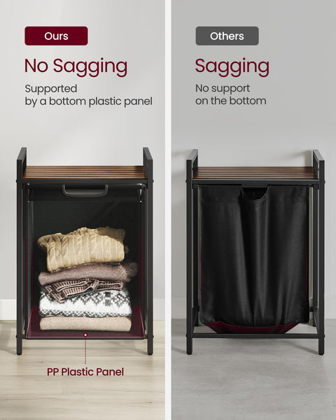 VASAGLE Laundry Basket, Laundry Hamper, Pull-Out and Removable Liner Bag, Shelf, Metal Frame, 65 L, 50 x 33 x 72 cm, Ink Black and Rustic Brown BLH101B01