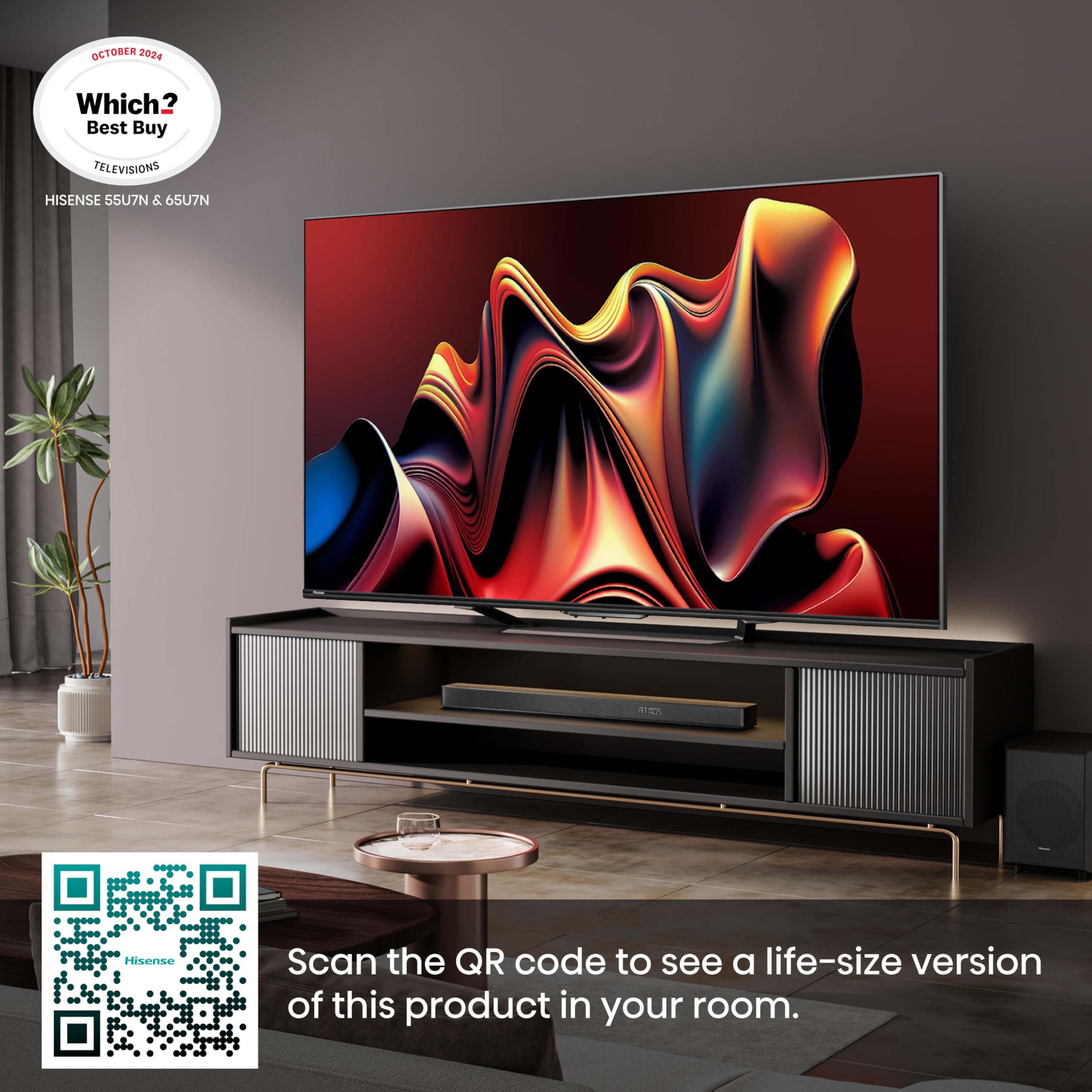 Hisense 55 Inch 4K Mini-LED TV 55U6NQTUK - Quantum Dot Colour, Dolby Vision Atmos, Hi-View Engine, FilmMaker Mode, Vidaa OS with Voice Control, Freely, Youtube, Netflix and Disney+ (2024 Model)