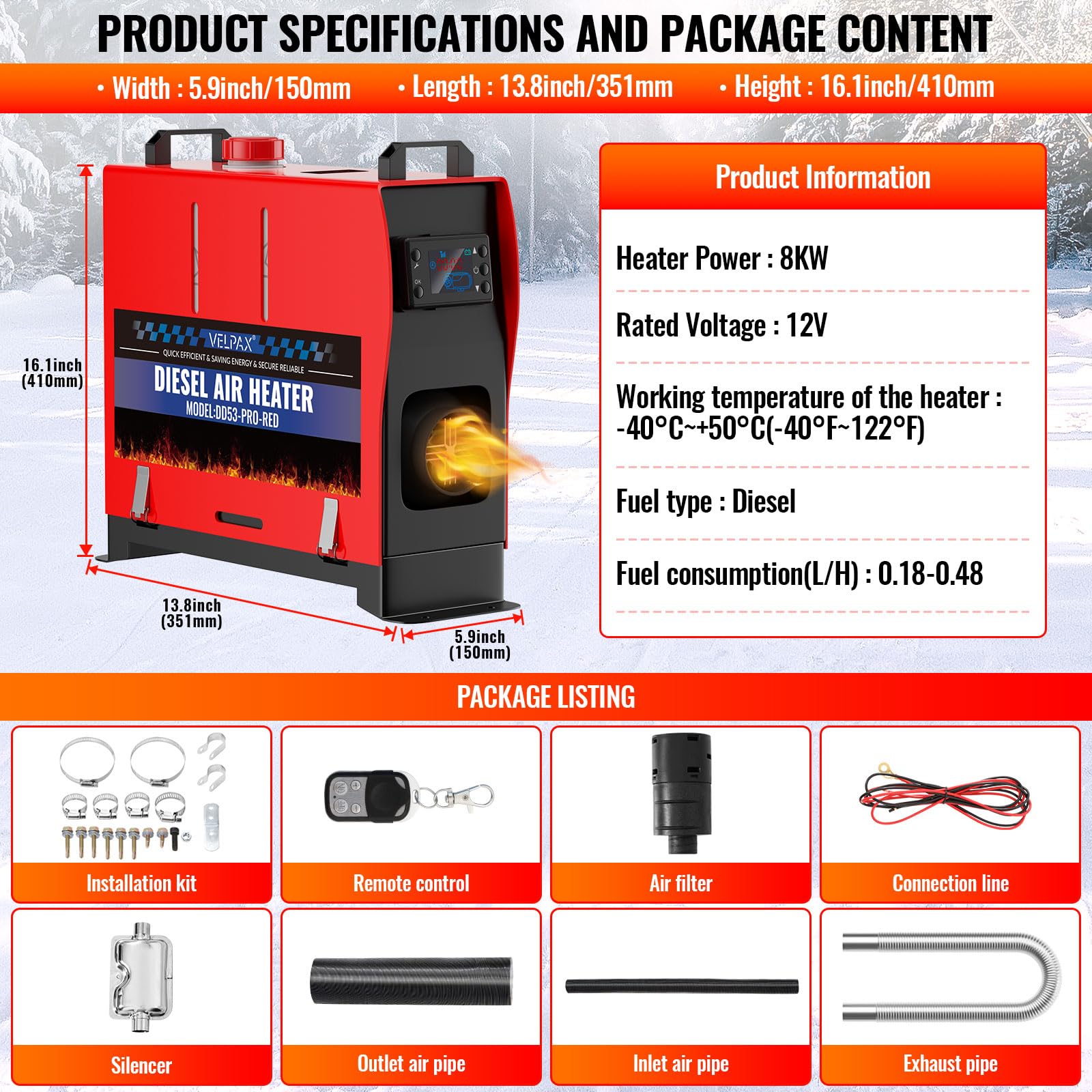 VELPAX 12V 8KW Diesel Air Heater, All in One Truck Heater, Portable Diesel Heater with Remote Control LCD Monitor and Silencer for Car Trucks Bus RV and Trailer