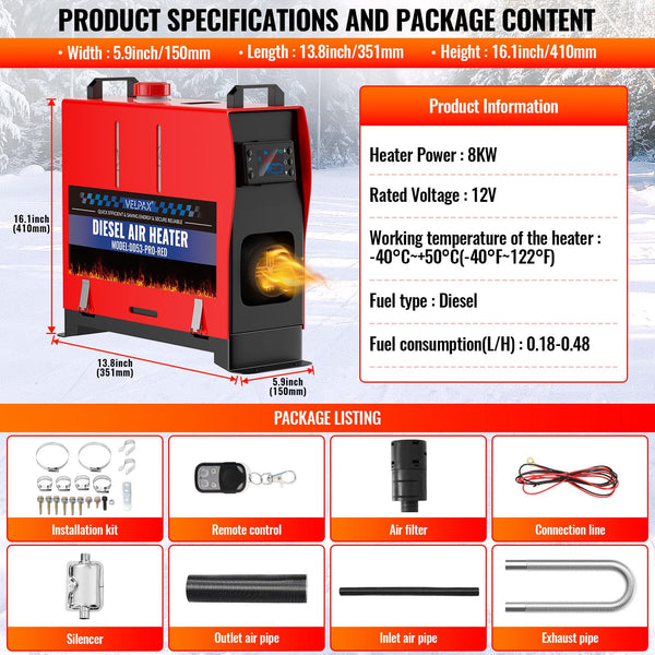 VELPAX 12V 8KW Diesel Air Heater, All in One Truck Heater, Portable Diesel Heater with Remote Control LCD Monitor and Silencer for Car Trucks Bus RV and Trailer