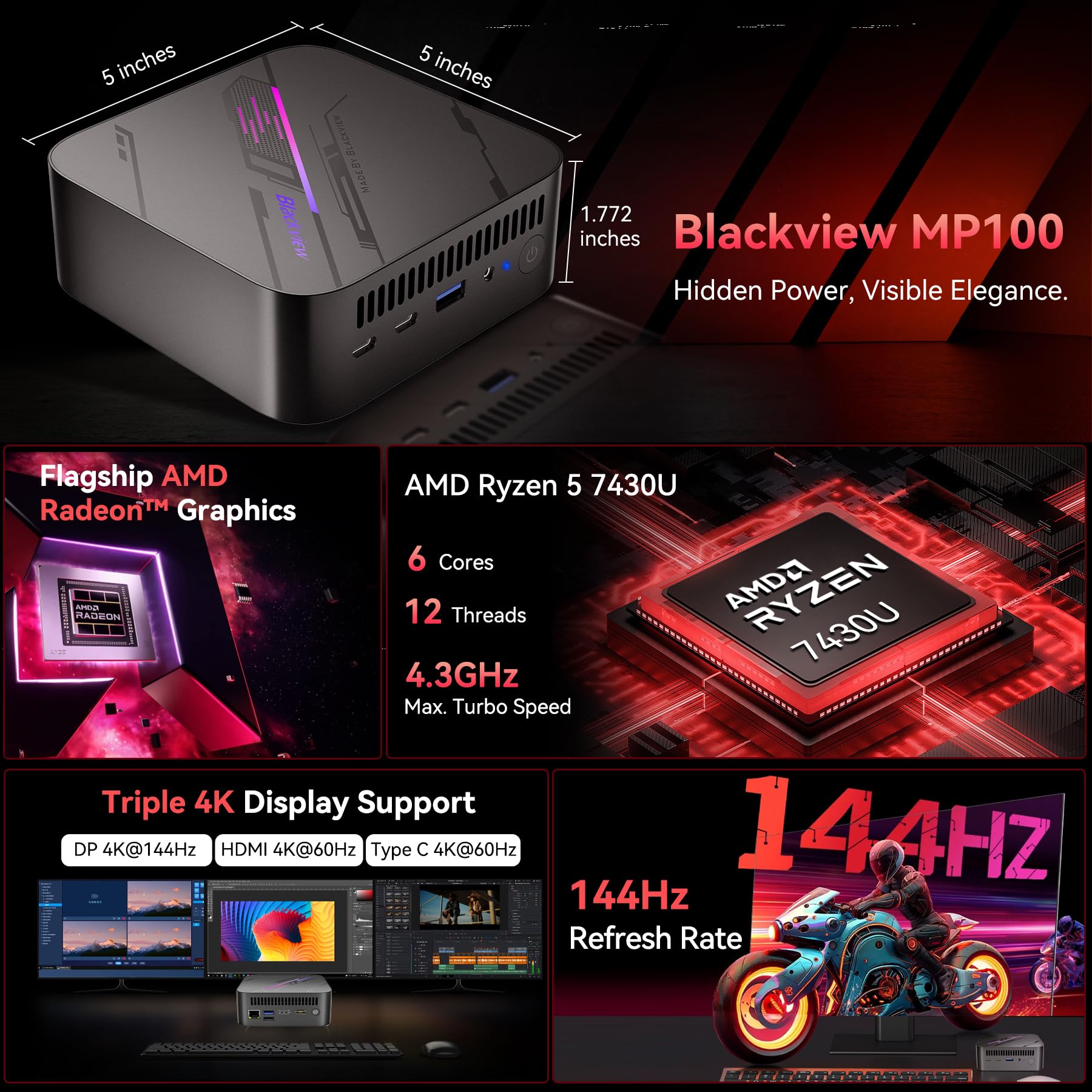 Blackview MP100 Aesthetic Mini PC Win 11 Pro, Ultra-Fluid 144Hz, AMD Ryzen 7430U, 16GB RAM 512GB SSD Mini Desktop Computer, Smart RGB, 3-Year Guarantee, WiFi 6/BT 5.2, Triple 4K Display for Home