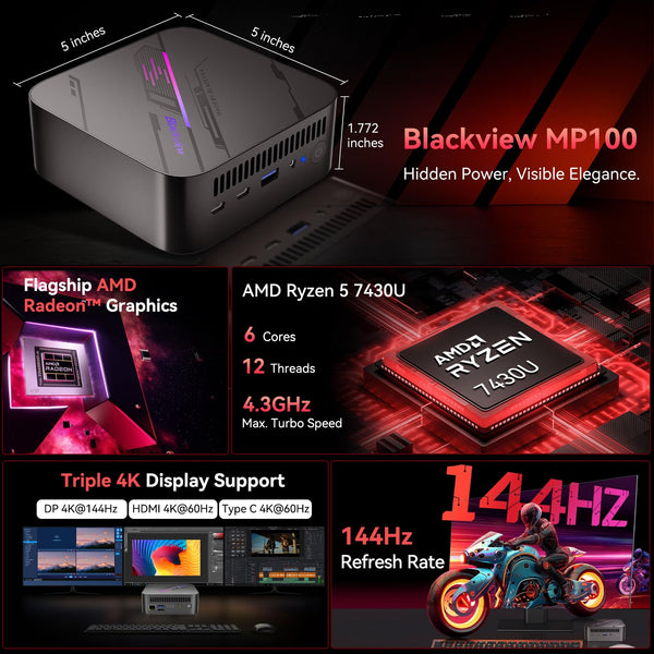 Blackview MP100 Aesthetic Mini PC Win 11 Pro, Ultra-Fluid 144Hz, AMD Ryzen 7430U, 16GB RAM 512GB SSD Mini Desktop Computer, Smart RGB, 3-Year Guarantee, WiFi 6/BT 5.2, Triple 4K Display for Home