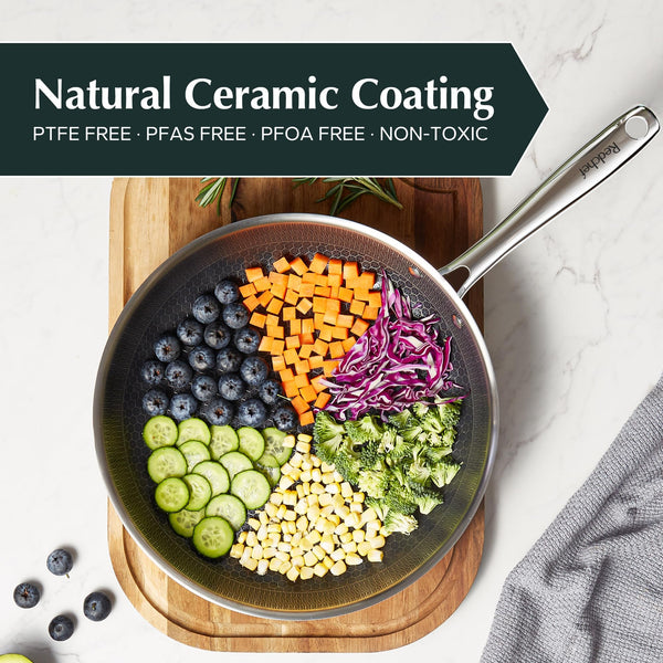 Redchef Non Stick Hybrid Egg/Omelette Pan,20cm Ceramic Frying Pan,Tri-Ply Stainless Steel Skillet,Non Toxic,PFAS PFOA/PTFE Free,Dishwasher/Oven Safe,Suitable for Induction Hobs,8"(Beige)