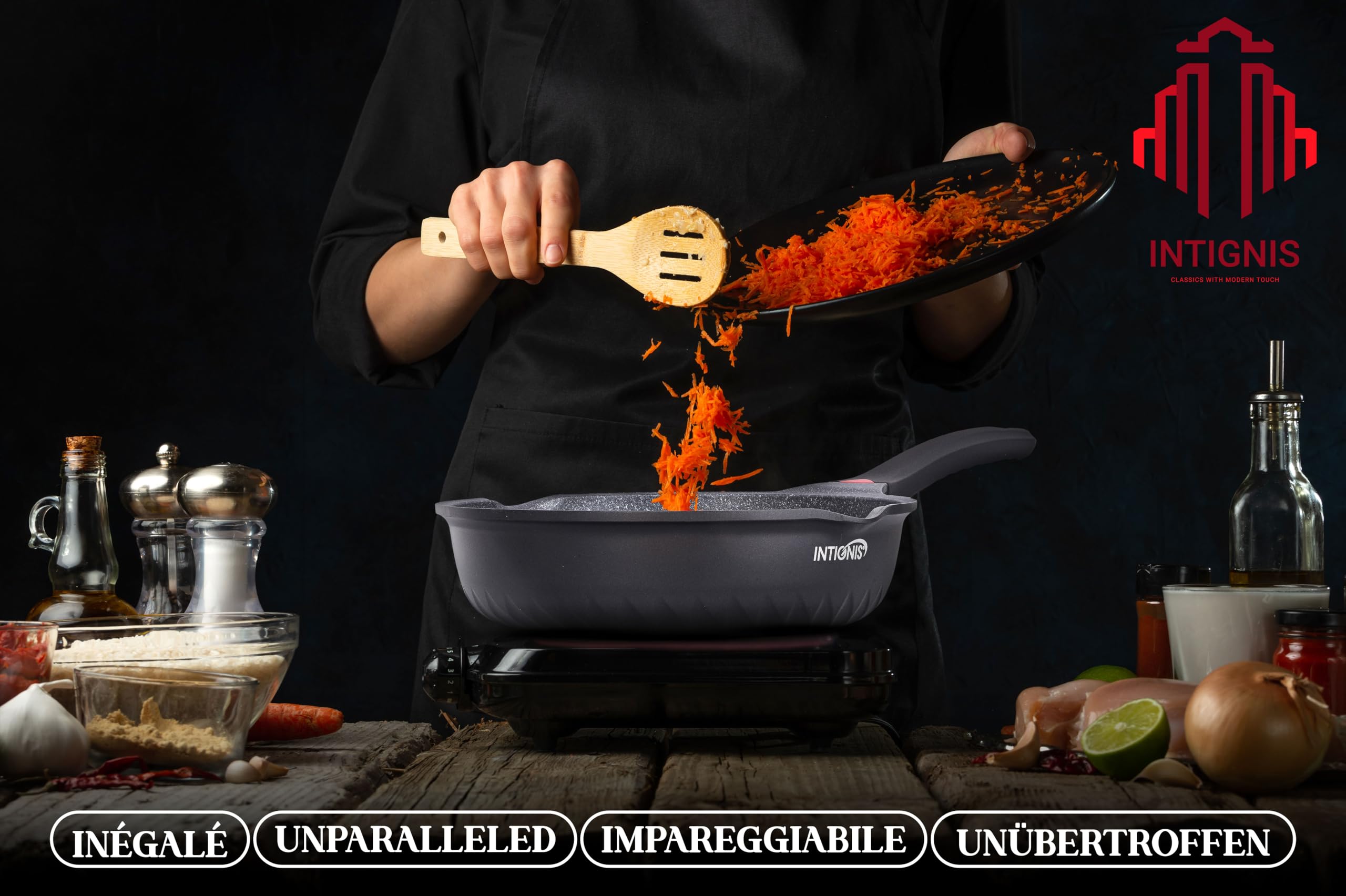 INTIGNIS Premium 28 cm Deep Frying Pan with Lid | Anti-Scratch | Induction Compatible | Non-Stick Interior | Heat Resistant Handle | Perfect for