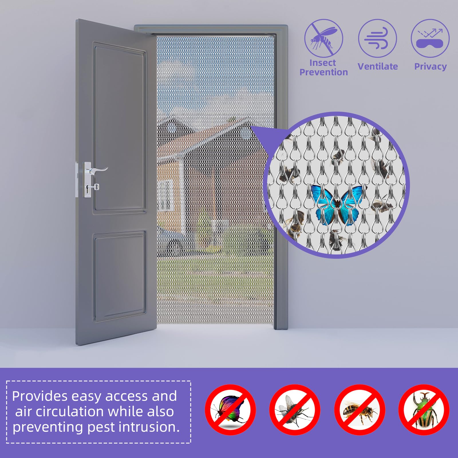 Gluwoer Aluminium Chain Curtain 90 x 200cm Metal Door Fly Screens Insect Control Curtain for Doorways (Silver)