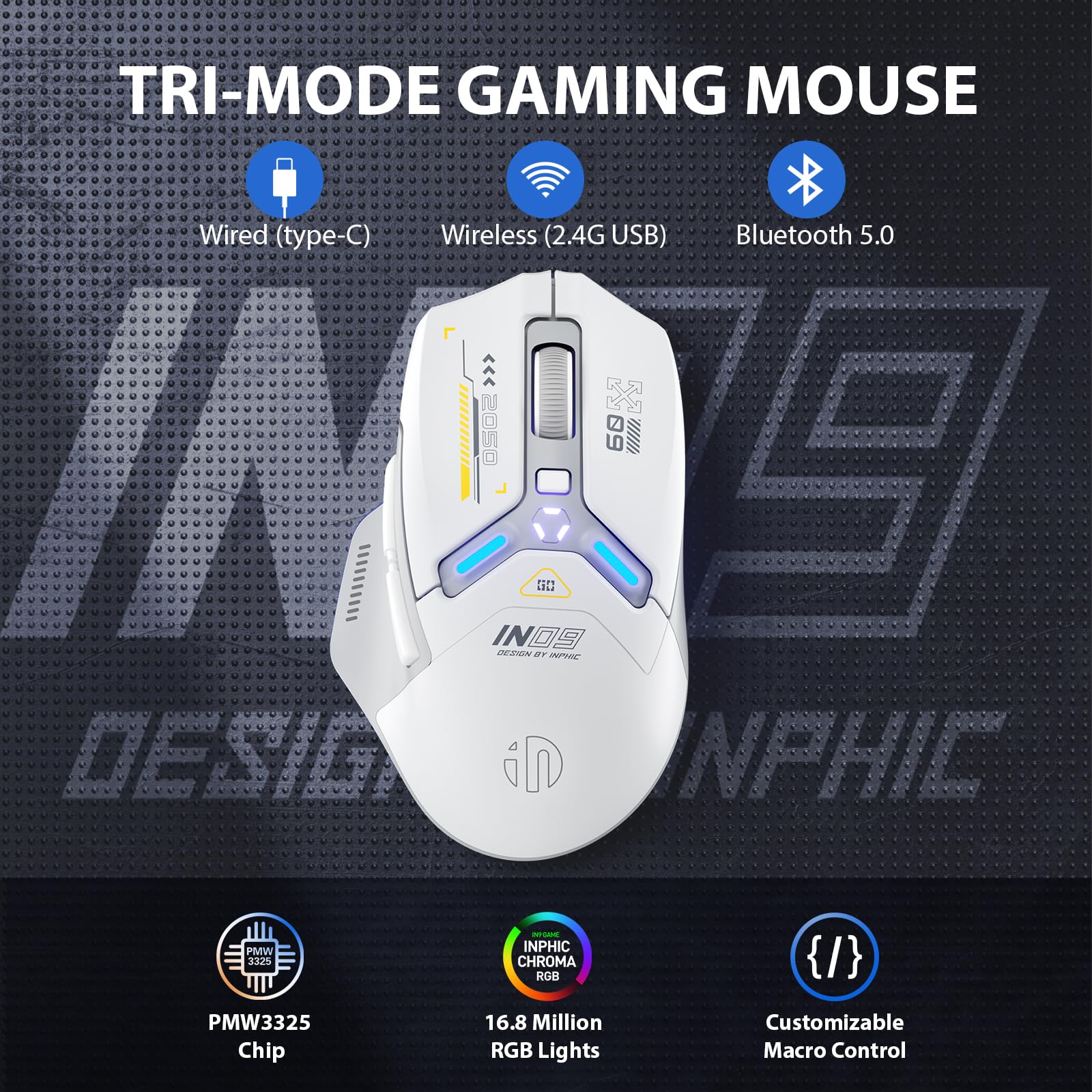 INPHIC IN9 Wireless Gaming Mouse, True Tri-Mode Bluetooth/Type-C Wired/2.4G Wireless Connection, 10000 DPl, Fully Programmable, RGB Backlit, for Laptop PC Mac
