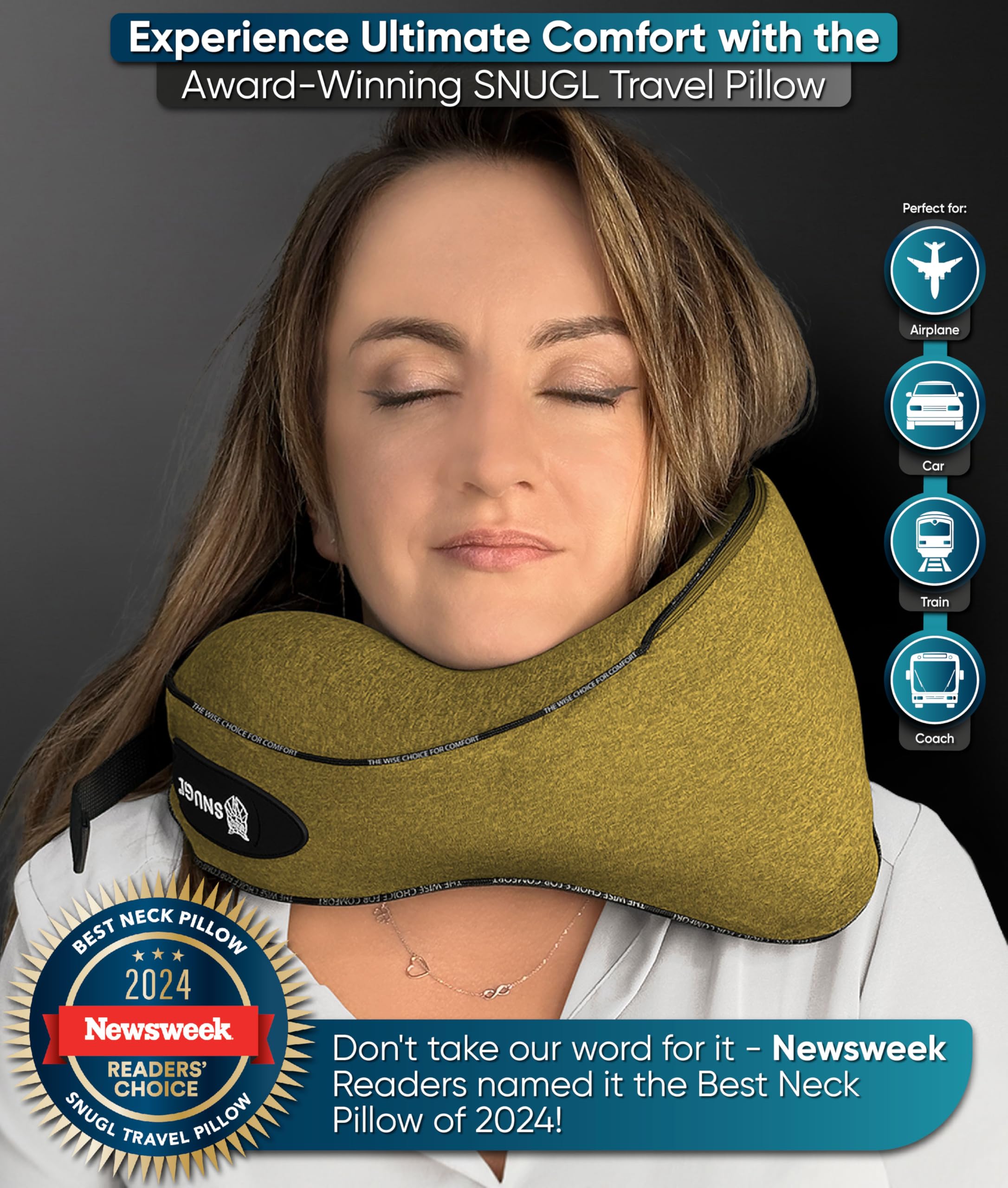 SNUGL Travel Pillow – Memory Foam Neck Pillow for Travel – Support Cushion for Airplane with Carry Bag & Clip - Holiday Essentials (Black - Adult Regular)