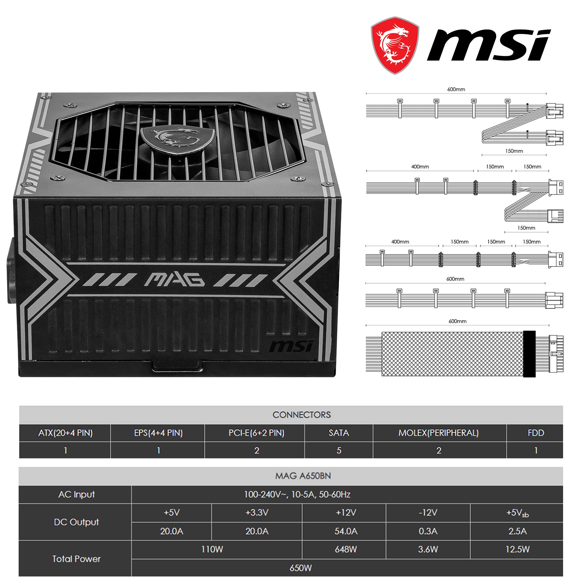 MSI MPG A1000G PCIE5 Power Supply Unit, UK Plug - 1000W, 80 Plus Gold Certified, Fully Modular ATX 3.0, PCIe 5.0 GPU Support, Japanese 105°C Capacitors, 0% RPM Mode, Flat Cables - 10 Year Warranty