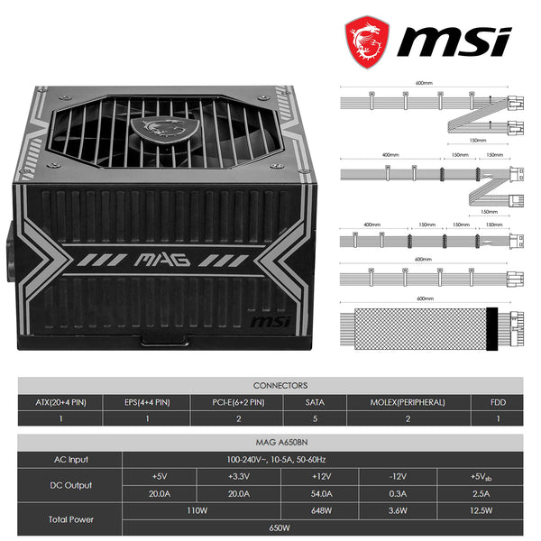 MSI MPG A1000G PCIE5 Power Supply Unit, UK Plug - 1000W, 80 Plus Gold Certified, Fully Modular ATX 3.0, PCIe 5.0 GPU Support, Japanese 105°C Capacitors, 0% RPM Mode, Flat Cables - 10 Year Warranty