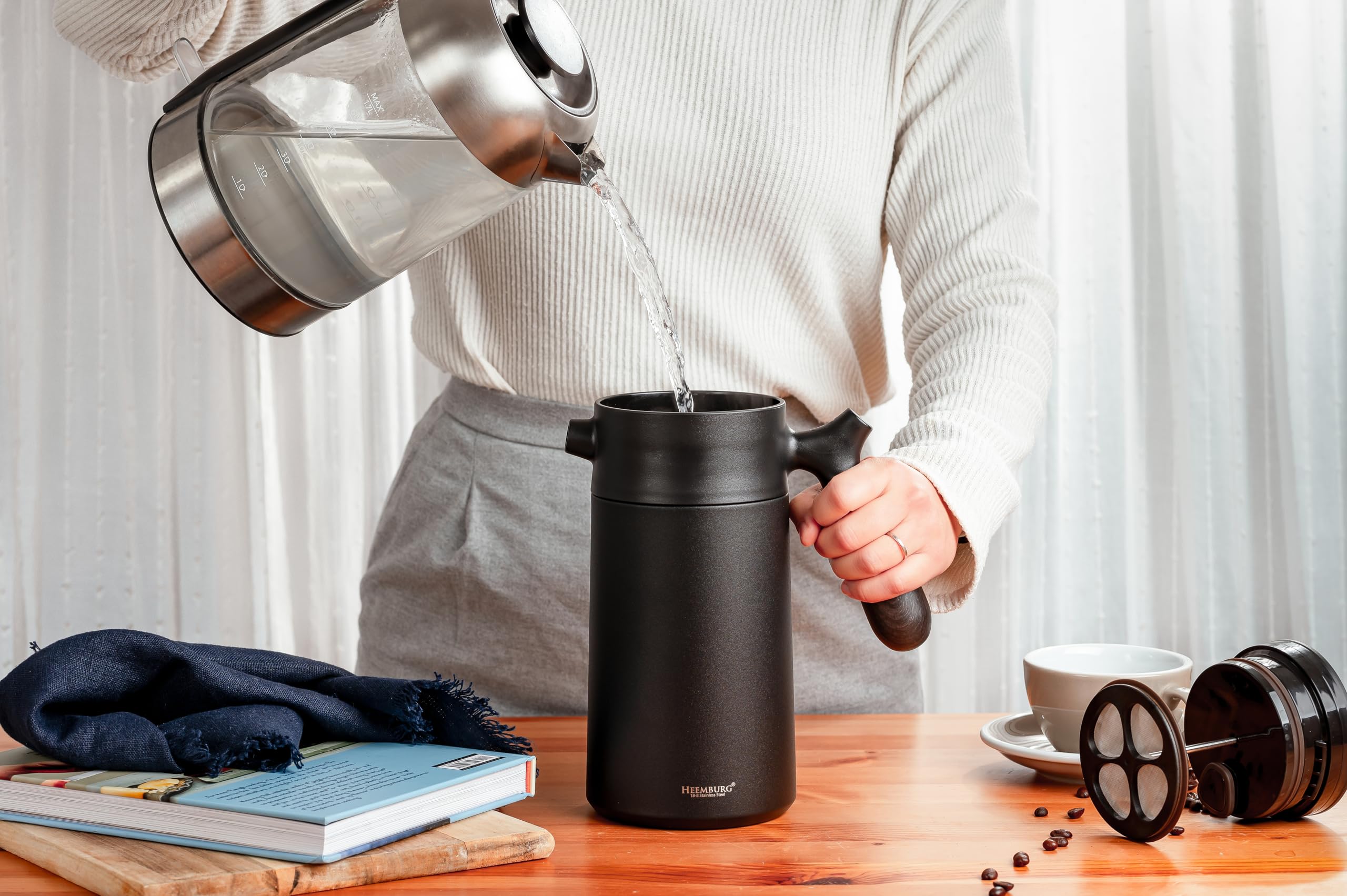 Heemburg French Press Thermal Coffee Maker Cafetiere Thermo Double Wall Insulated Vacuum Stainless Steel Manual Brewer