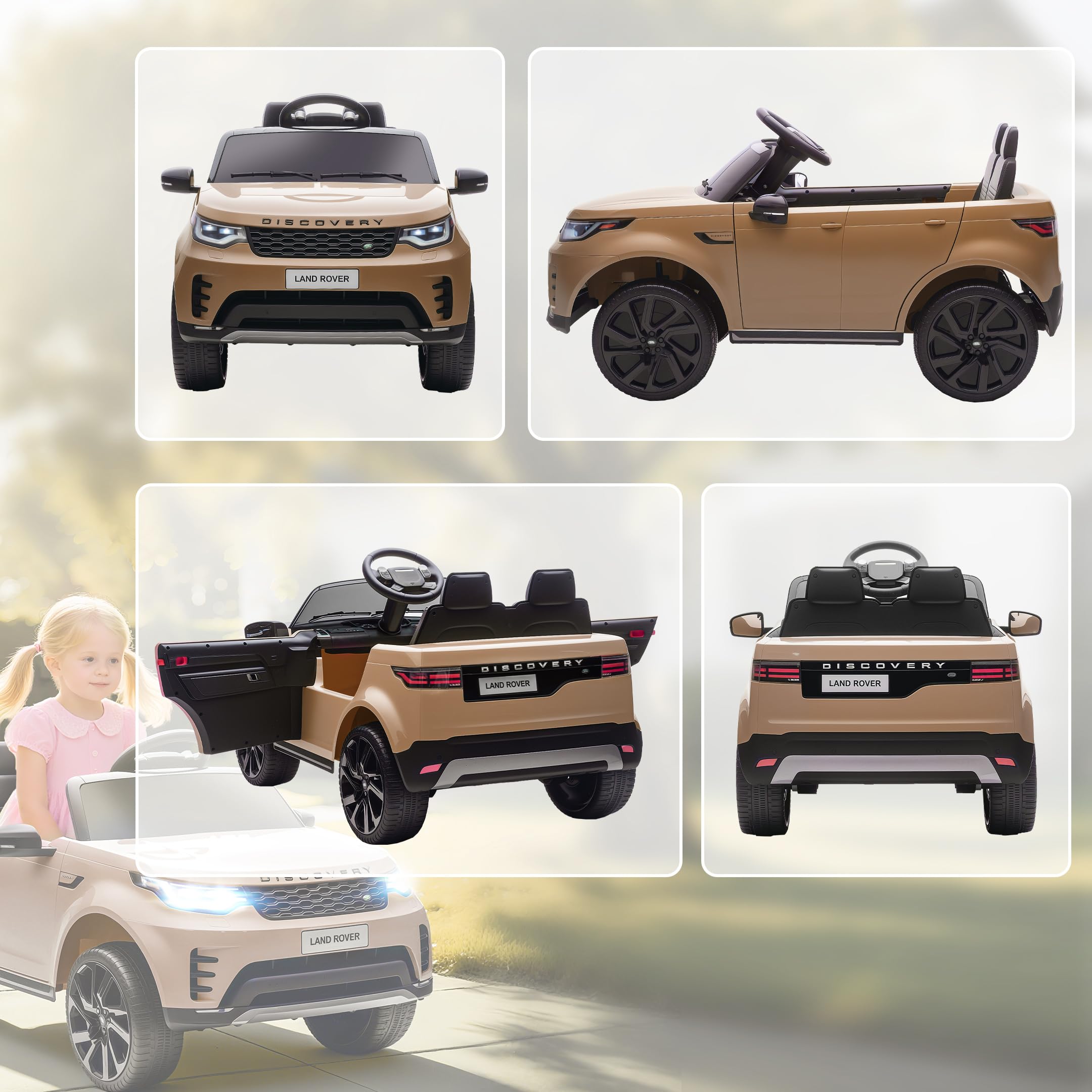 AIYAPLAY Land Rover Discovery Licensed 12V Electric Car for Kids, Ride on SUV with Remote Control, 4 Wheel Suspension System, Slow Start, LED Lights, Music, for 3-6 Years Old, Khaki