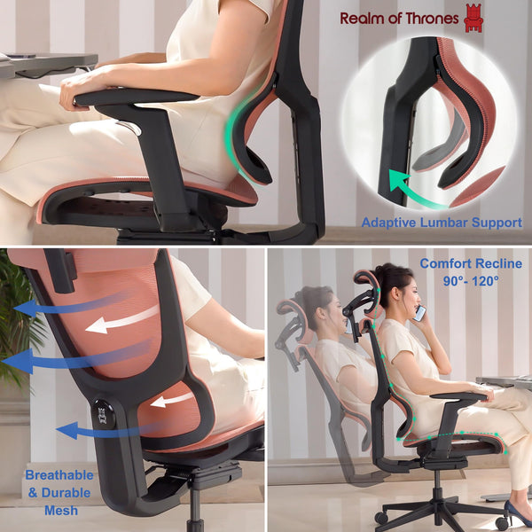 Realm of Thrones CAPTAIN Ergonomic Office Chair for Home, Heavy Duty Steel Base, Versatile Flip-up Armrests, Adjustable Lumbar Support, Mesh Back Comfort Cushion Seat for Computer Desk/Gaming (Black)