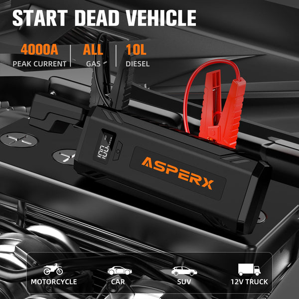 ASPERX 4000A Jump Starter Power Pack (up to All Gas or 10L Diesel Engine), 12V Car Battery Booster Pack Portable Jump Starter Power Bank with LED Display & USB-C for RV Truck SUV