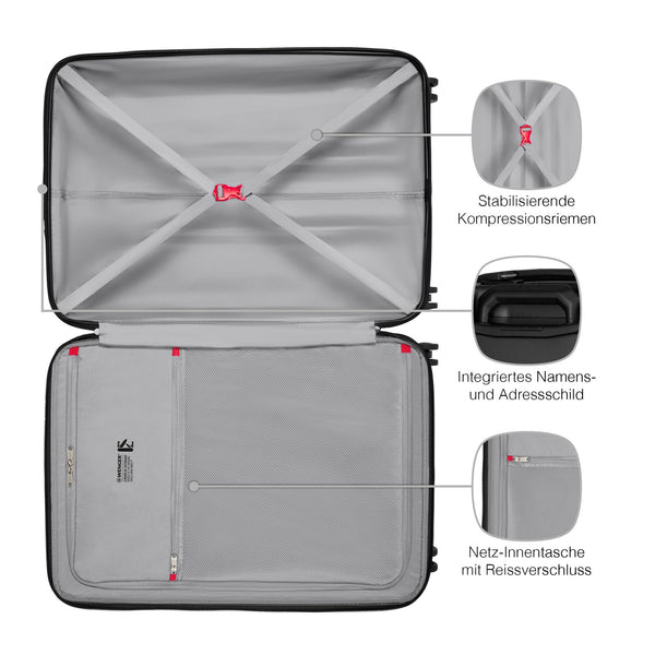 Wenger Prymo Medium hardside case with 4 Wheels, mid-Sized, 59 (67) L, Hardshell, Security Lock, for Men and Women, Travel or Vacation, Black, 612537