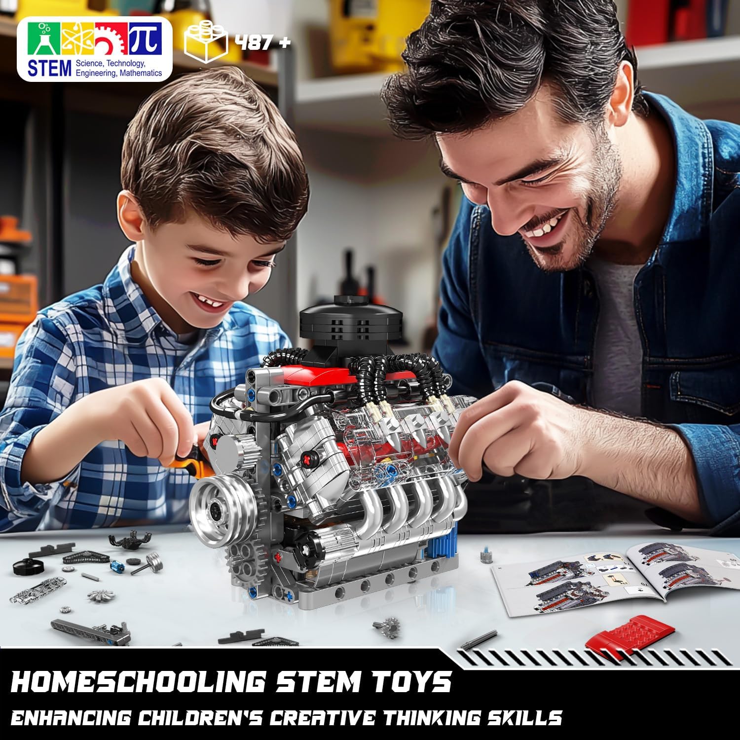 Mould King 10171 Technik V8 Engine Model Building Kit - 487 PCS to Build Your Own Mini Engine That Works - DIY STEM Project for Kids/Teens, MOC Hobby Building Blocks Kit for Adults