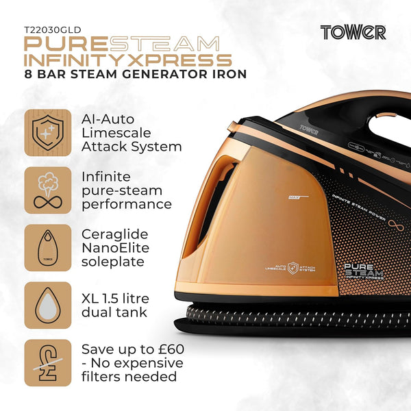 Tower T22030GLD PureSteam Infinity Xpress 8 Bar Steam Generator Iron, Ceraglide NanoElite Soleplate, AI-Auto Limescale Attack System, One Temp Technology, 1.5L Dual Tank Capacity, 3000W, Black & Gold